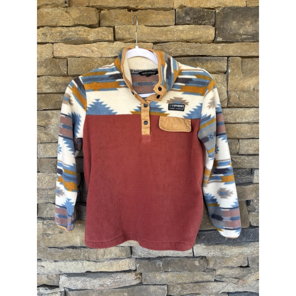 Simply Southern Youth L Simply Fleece Quarter‎ Snap Pullover in the Aztec print